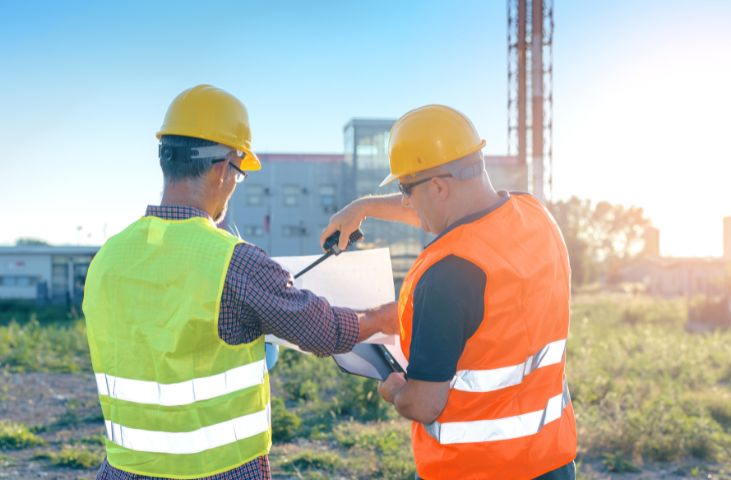 Two men in high vis vests on a building site.